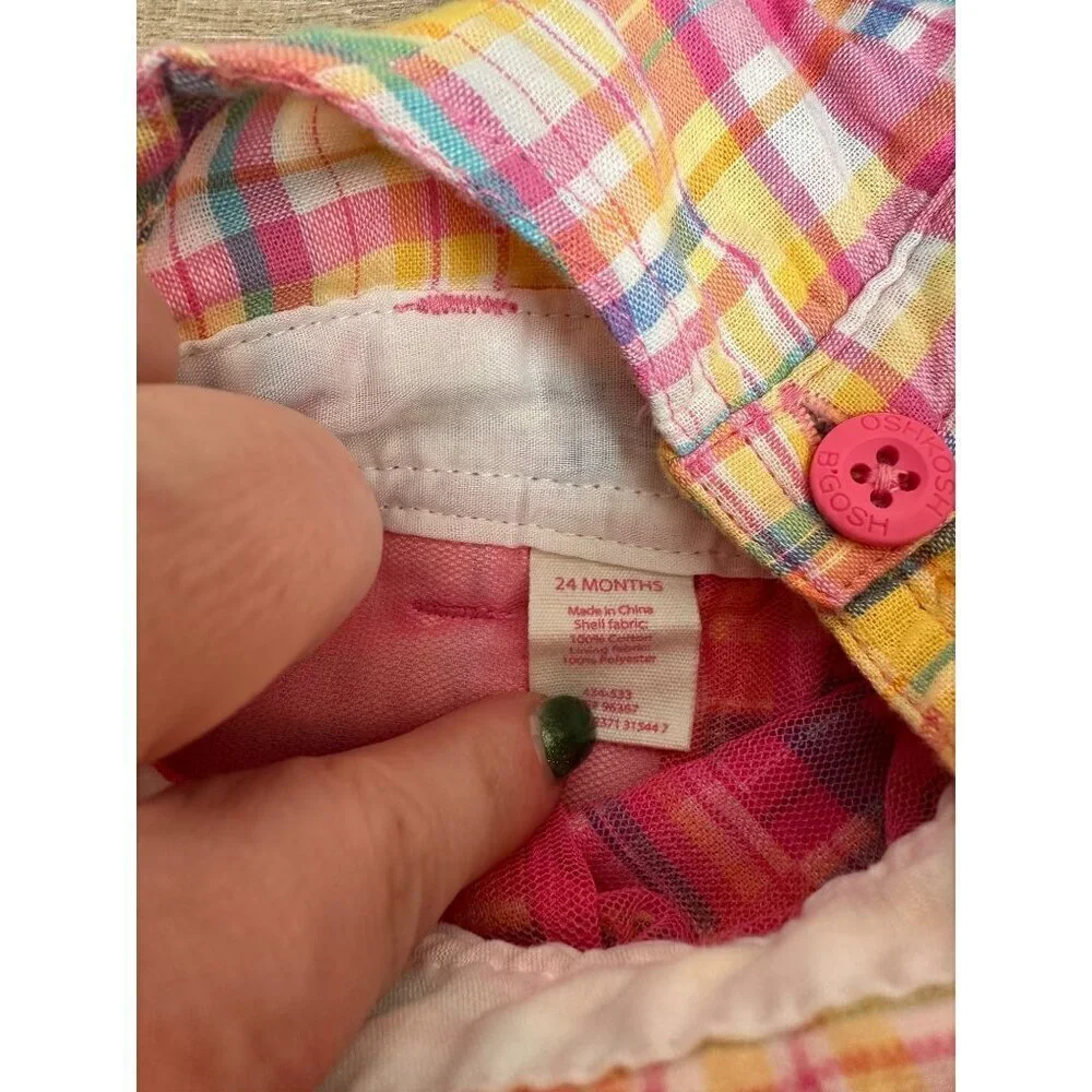 OshKosh BGosh Toddler Girls Plaid Overall Dress Size 24M Pink Yellow Teal Cotton